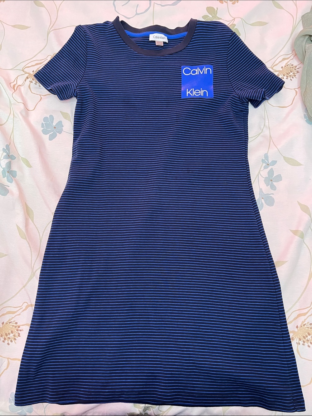 Calvin Klein Navy and White Striped Tee Dress